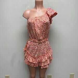 Poupette St Barth Womens Red Floral One Shoulder Kaia Ruffle Tiered Mini Dress S